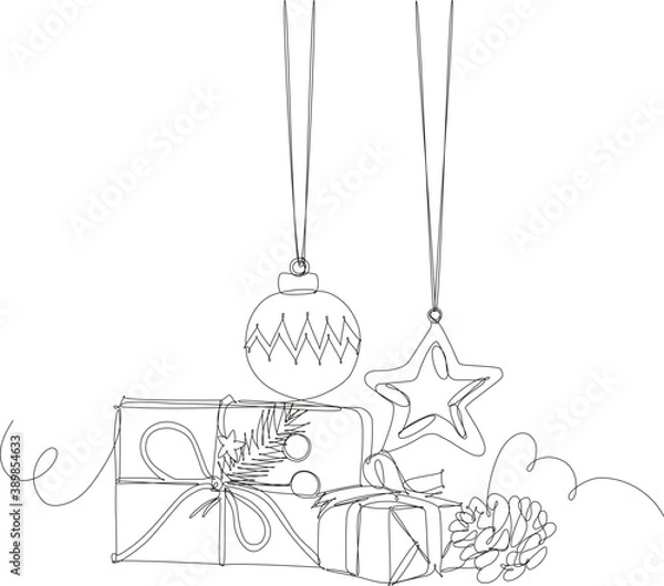 Fototapeta Pacchi, pigna e palline di natale in singola linea continua