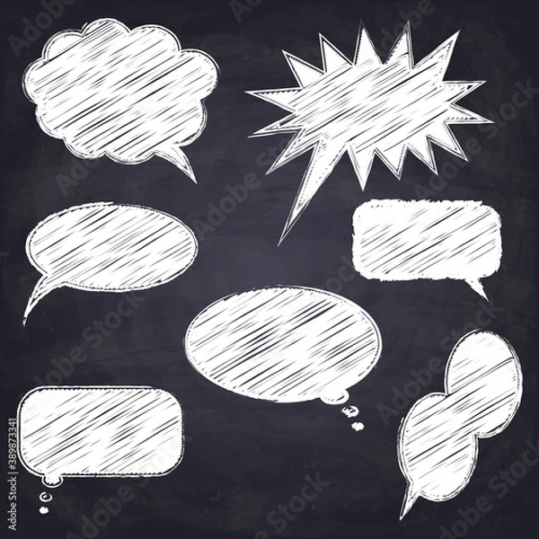 Obraz Set of hand drawn speech and thinking bubbles. Different emotional chat boxes. Chalk drawn talk balloons. Chalkboard background. Vector Illustration.	