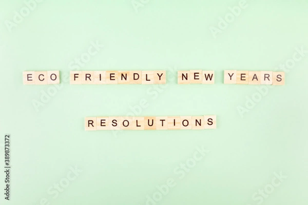 Fototapeta Phrase "Eco friendly new year's resolutions" in wooden letters on green background