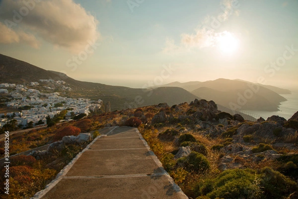 Fototapeta View over cliff town Folegandros from the path leading to the church above the town at Folegandros island, Greece