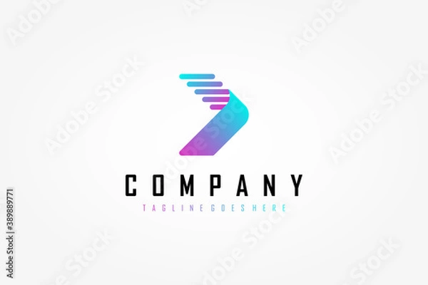 Fototapeta Right Arrow Logo. Light Blue and Purple Gradient Geometric Arrow Shape with Striped Lines Origami Style. Usable for Business and Technology Logos. Flat Vector Logo Design Template Element.