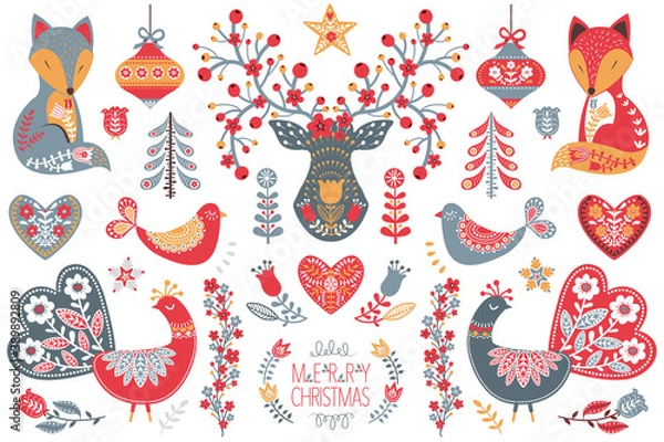 Fototapeta Scandinavian Folk Christmas  Design collection set 