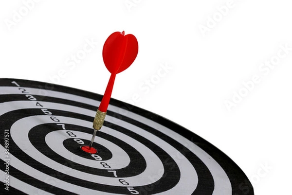 Obraz Dart arrow hitting in the target center of dartboard isolated on white background with clipping paths