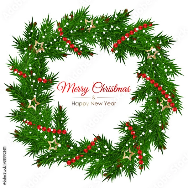 Obraz Merry Christmas and Happy New Year text and wreath made of realistic pine branches.