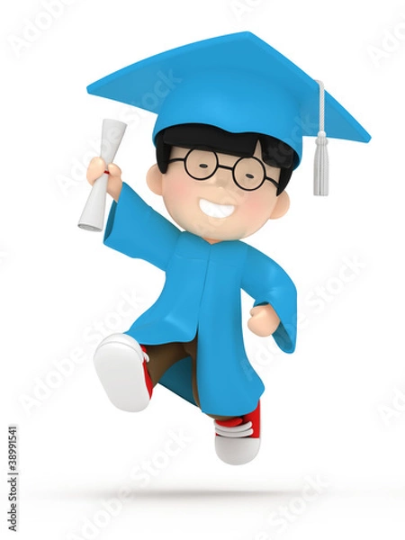 Fototapeta 3D render of jumping boy with dilpoma