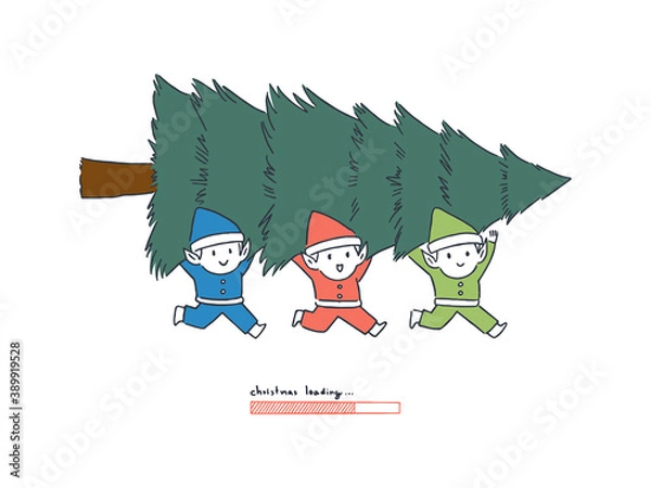 Fototapeta Happy elf carrying Christmas tree with loading bar, countdown concept, hand-drawn line art style vector illustration.