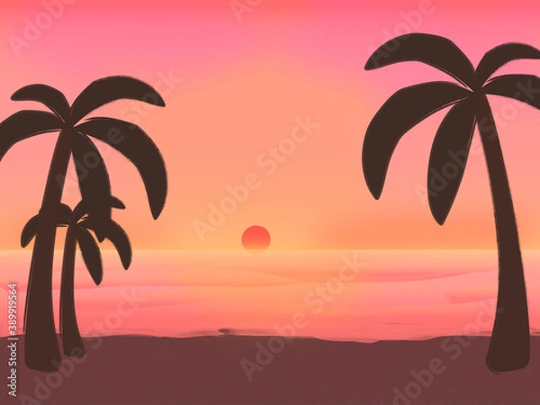 Fototapeta beautiful sunset at the beach. colorful twilight sky and sea. silhouette palm tree on the beach at twilight time. destination vacation of tourism in Thailand. illustration summer seascape