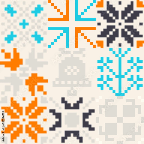 Fototapeta Embroidery Ornament Vector Pattern Design With Ethnic And Folk Abstract Shapes