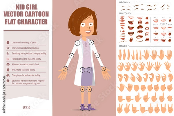Fototapeta Cartoon flat funny little doctor kid girl character in white uniform. Ready for animation. Face expressions, eyes, brows, mouth and hands easy to edit. Isolated on pink background. Vector set.