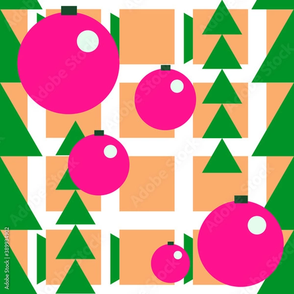 Fototapeta Geometric seamless Christmas, New Year pattern. Circles, triangle, rectangle, christmas decorations, christmas trees.