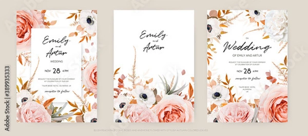 Fototapeta Zaproszenie na ślub kwiatowy jesień wektor zestaw szablonów. Bujne jesienne liście, rumieniec brzoskwiniowy, różowe i kość słoniowa, bukiet białych kwiatów anemonowych ozdobna stylowa rama w stylu przypominającym akwarele. Edytowalne i izolowane