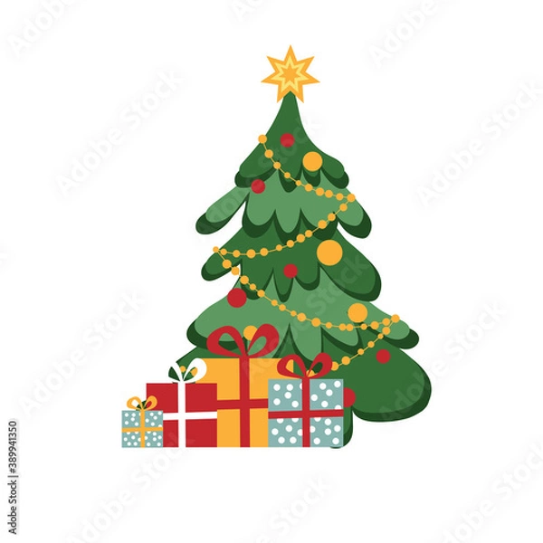 Obraz Christmas tree decorated with a star, lights, fireworks, decorative balls and gifts.