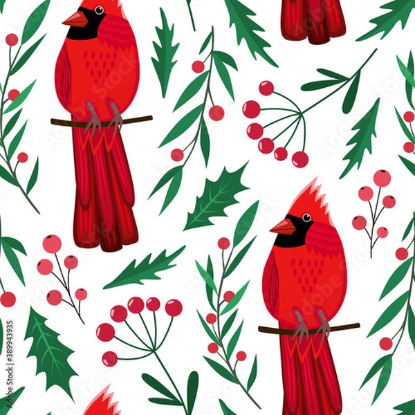 Fototapeta Christmas seamless pattern with red Northern cardinal bird and winter plants, berries. Christmas symbol Redbird. Background for wallpaper, wrapping paper, fabric. Vector illustration isolated on white