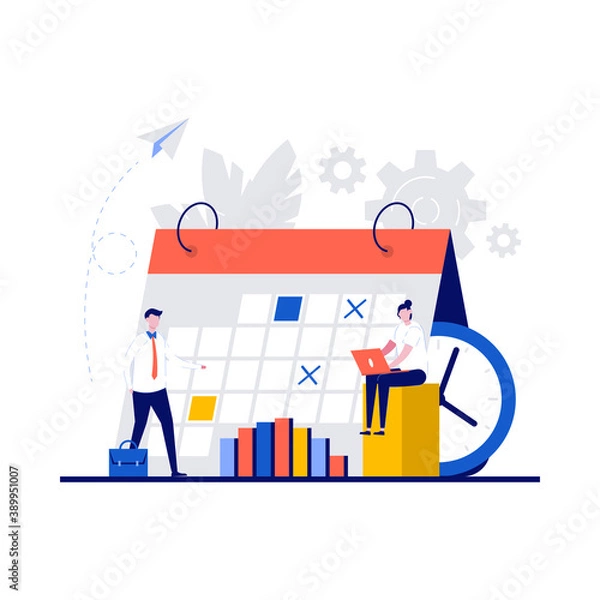 Fototapeta Week schedule, daily plan, work organizer concepts with character. People stand near calendar, clock, graphs. Modern flat style for landing page, mobile app, web banner, infographics, hero images