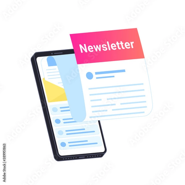 Fototapeta Newsletter subcription online in mobile app. Flat vector illustration of big smartphone with new monthly letter flying out of screen for staying up-to-date and get news and updates on white background