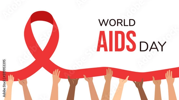 Obraz World AIDS Day. Hands of different nationalities hold a red ribbon. Landing page template concept. AIDS awareness design for posters, banners, t-shirts. Isolated vector illustration