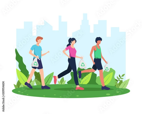 Obraz Vector illustration Plogging. Run and clean, Plogging movement or marathon. Man and woman picking up litter during plogging in park or outdoor. Collect garbage while running. Vector in flat style