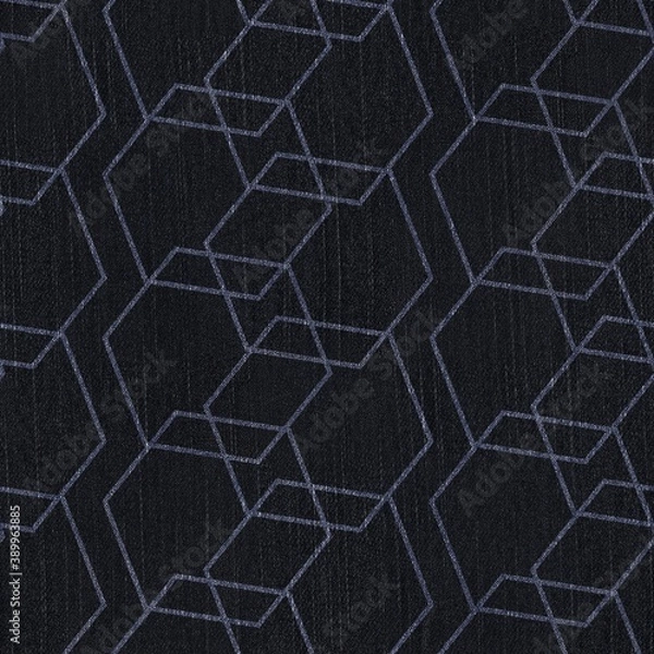 Fototapeta Seamless patterned denim jean geo for repeat print. High quality illustration. Grungy trendy street wear design. Real detailed denim texture with geometric pattern overlay. Navy blue deep dark colors.