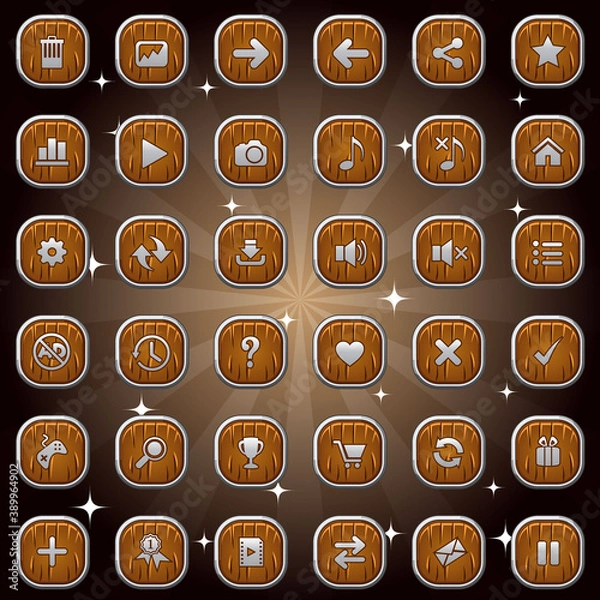 Obraz Wooden square buttons and symbol icons with silver frame isolatedset design for game or web. Vector illustration.