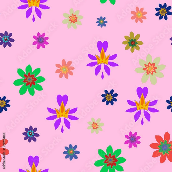 Fototapeta Pattern for the girl. Princess crown and flowers. Childrens vector seamless pattern. Gold crowns on a pink background. Small flowers of different colors and shapes.