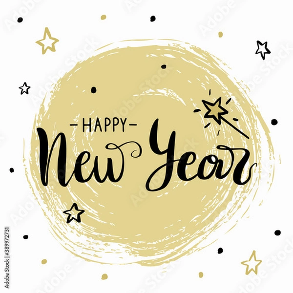 Obraz Happy new year greeting card template, lettering on brush painted gold background. 2021 Chinese calendar.