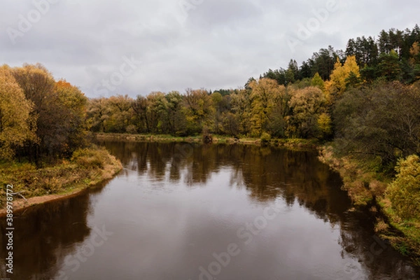 Obraz River in autumn, evening, reflection