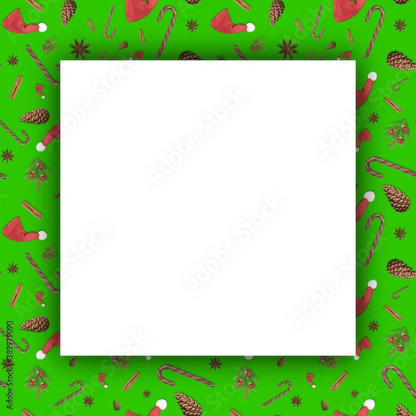 Fototapeta 3D illustration of greeting card with a seamless frame with red Santa Clause hats, Christmas tree fir branches, anise star, cinnamon stick, candy cane and cone for New year presents on the green
