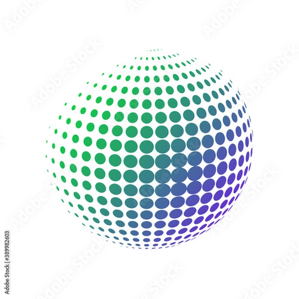 Fototapeta Geometric sphere made of dots with a gradient green blue colors. Halftone vector illustration. 3D ball in a modern minimalistic style