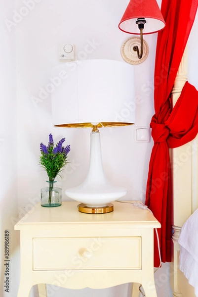 Fototapeta Side table with whitee lamp in the bedroom