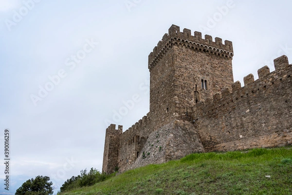 Obraz Bottom view of the tower of Genoese fortress of the 14th century in the Sudak bay on the Peninsula of Crimea