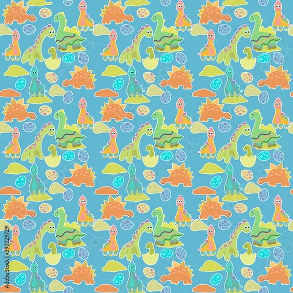Fototapeta Cute childish illustration with dinosaurs, seamless pattern for printing on textiles and paper