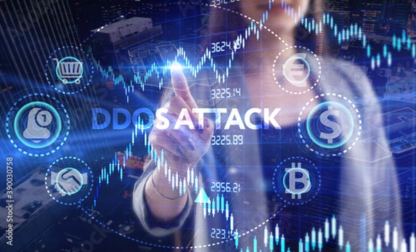 Fototapeta Business, Technology, Internet and network concept. Young businessman working on a virtual screen of the future and sees the inscription: Ddos attack