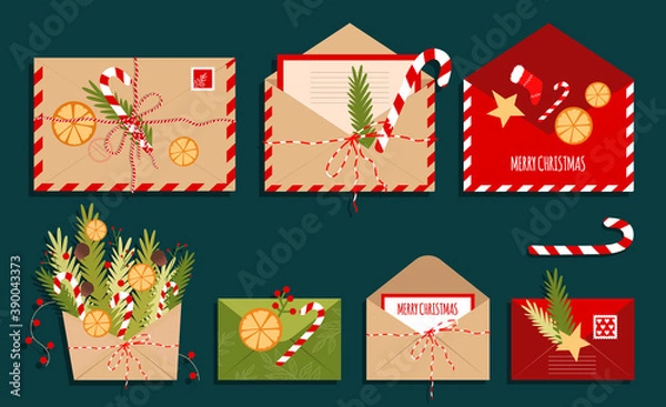 Fototapeta Christmas Envelopes. New Year Letters. A set of Gift Cards, postal envelopes, open and closed with sweets, Christmas tree branches and toys.