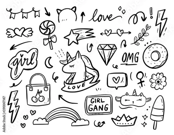 Obraz Girl power fashion doodle drawing collection vector