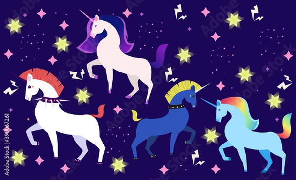 Fototapeta Set of unicorns horses on dark background with stars. Idea for t-shirt. Editable vector illustration