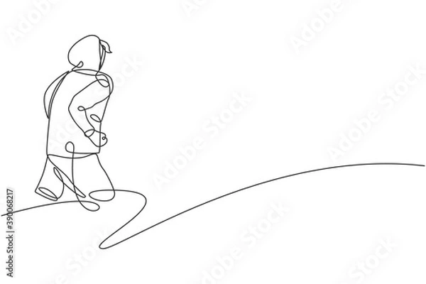 Fototapeta One continuous line drawing of young sporty runner man relax running at countryside. Healthy lifestyle and fun jogging sport concept. Dynamic single line draw design graphic vector illustration