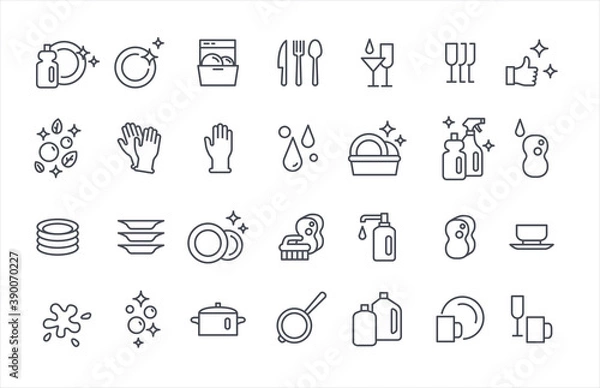 Obraz Washing dishes icons thin flat vector set