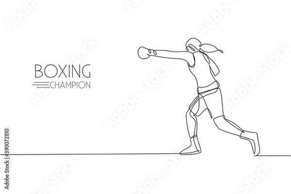 Fototapeta Single continuous line drawing young agile woman boxer attack with powerful punch. Fair combative sport concept. Trendy one line draw design vector graphic illustration for boxing game promotion media