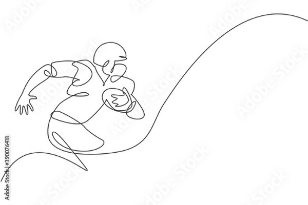 Obraz One continuous line drawing of young happy man american football player run speed and hold the ball for competition poster. Sport teamwork concept. Dynamic single line draw design vector illustration