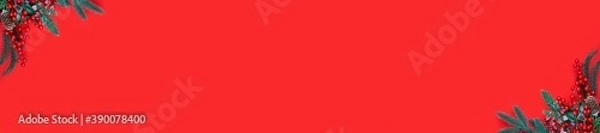 Fototapeta Christmas decorations on the red background with copy space for your text. Banner.
