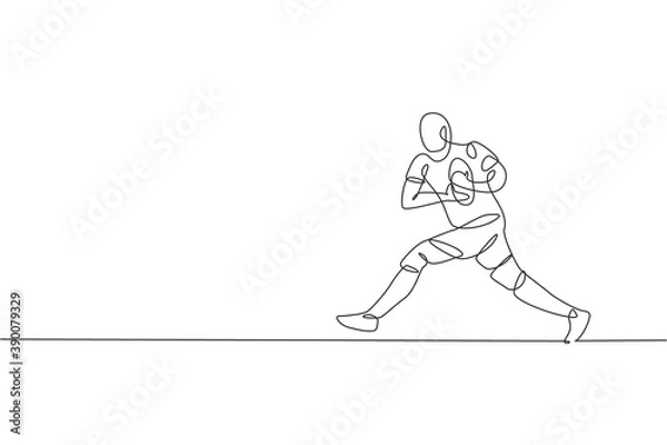 Fototapeta One single line drawing of young energetic rugby player running and holding ball vector illustration. Healthy teamwork sport concept. Modern continuous line draw design for rugby tournament poster