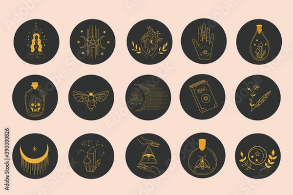 Fototapeta Big Set of various vector highlight covers with Sacred Witch and Mystical Symbols, featuring astrology objects, heart, crystal, hand, moon, fantasy animals, mythical creature, esoteric, boho objects