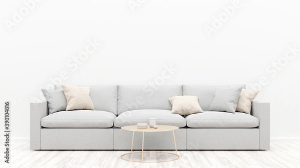 Fototapeta Living room interior with a gray sofa, pillows and a coffee table. White empty wall. 3D render.
