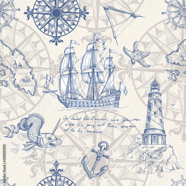 Fototapeta Old caravel, vintage sailboat, sea monster. Monochrome Hand drawn sketch. Seamless pattern for boy. Detail of the old geographical maps of sea.