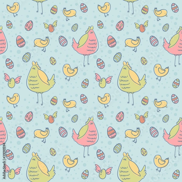 Fototapeta Easter eggs, hen and chicken seamless texture