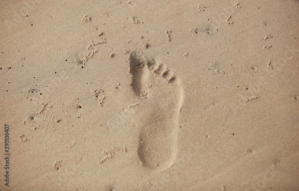 Fototapeta bliska fotografia kobiecych odcisków stóp, na jasnej, piaszczystej plaży, na zewnątrz w słoneczny dzień w Gambii w Afryce