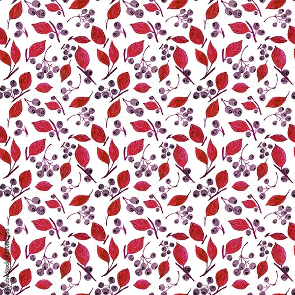 Obraz autumn seamless pattern with leaves and purple blueberries
