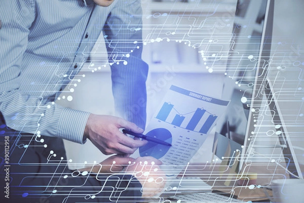 Fototapeta Multi exposure of tech drawings with man working on computer background. Concept of innovation.