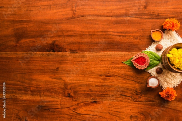 Obraz Diwali Elements Decorated on a Wooden Table