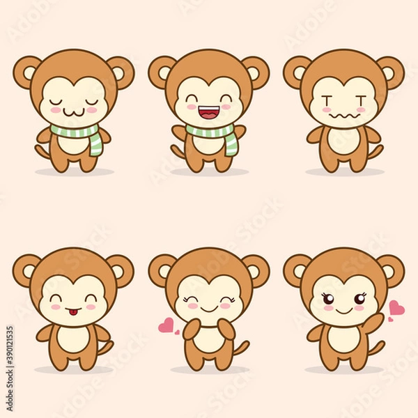 Fototapeta cute monkey mascot with various kinds of expressions set collection	